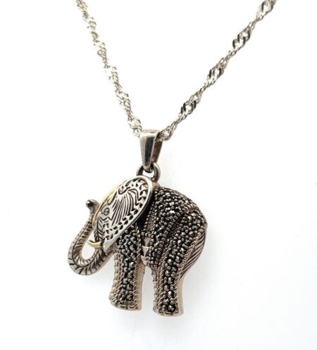 20” 925 Sterling Silver Singapore Chain w/ Marcasite Elephant Pendant 11.0g