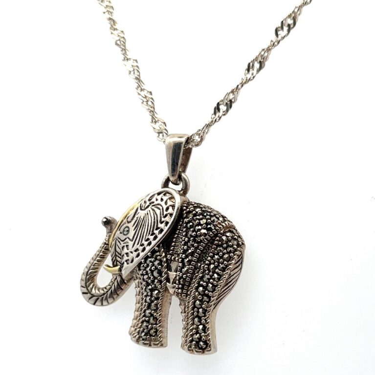 20” 925 Sterling Silver Singapore Chain w/ Marcasite Elephant Pendant 11.0g