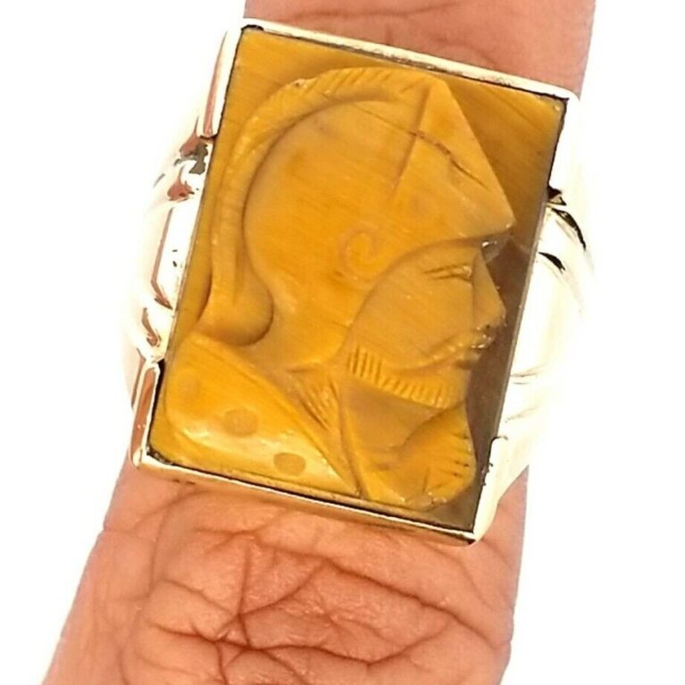 10K Yellow Gold Tiger's Eye Intaglio Roman Soldier Image Ring Size-9.5