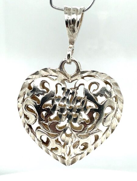 Vintage 925 Sterling Silver Puffy Filigree Heart Pendant