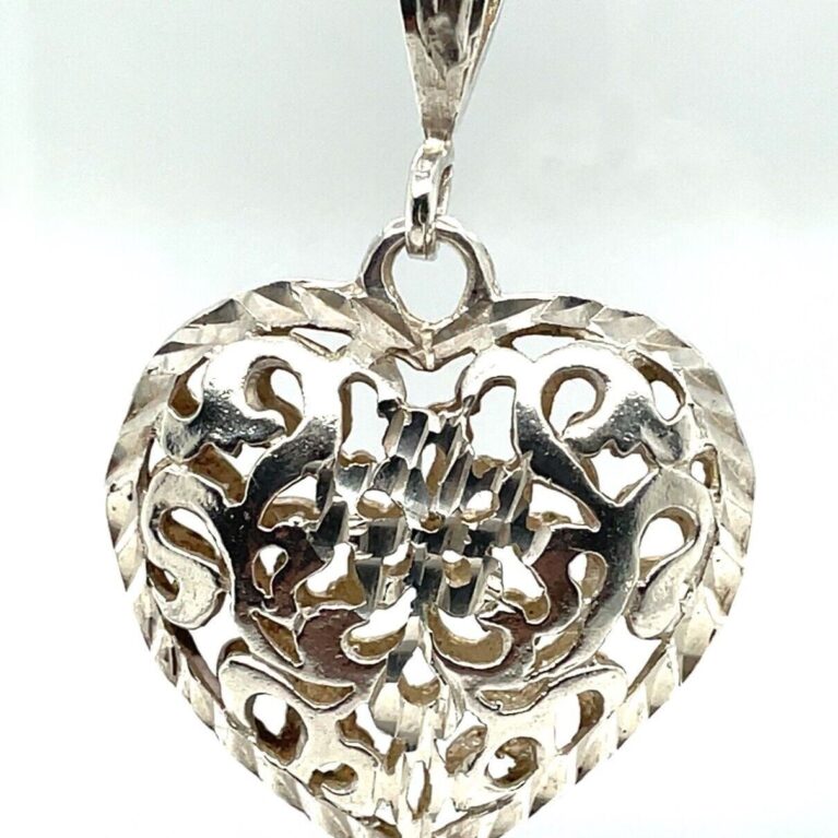 Vintage 925 Sterling Silver Puffy Filigree Heart Pendant