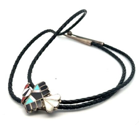 36” Vintage Zuni 925 Sterling Silver Inlay Mosaic Braided Leather Bolo Tie 15.4g