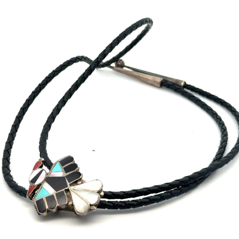 36” Vintage Zuni 925 Sterling Silver Inlay Mosaic Braided Leather Bolo Tie 15.4g