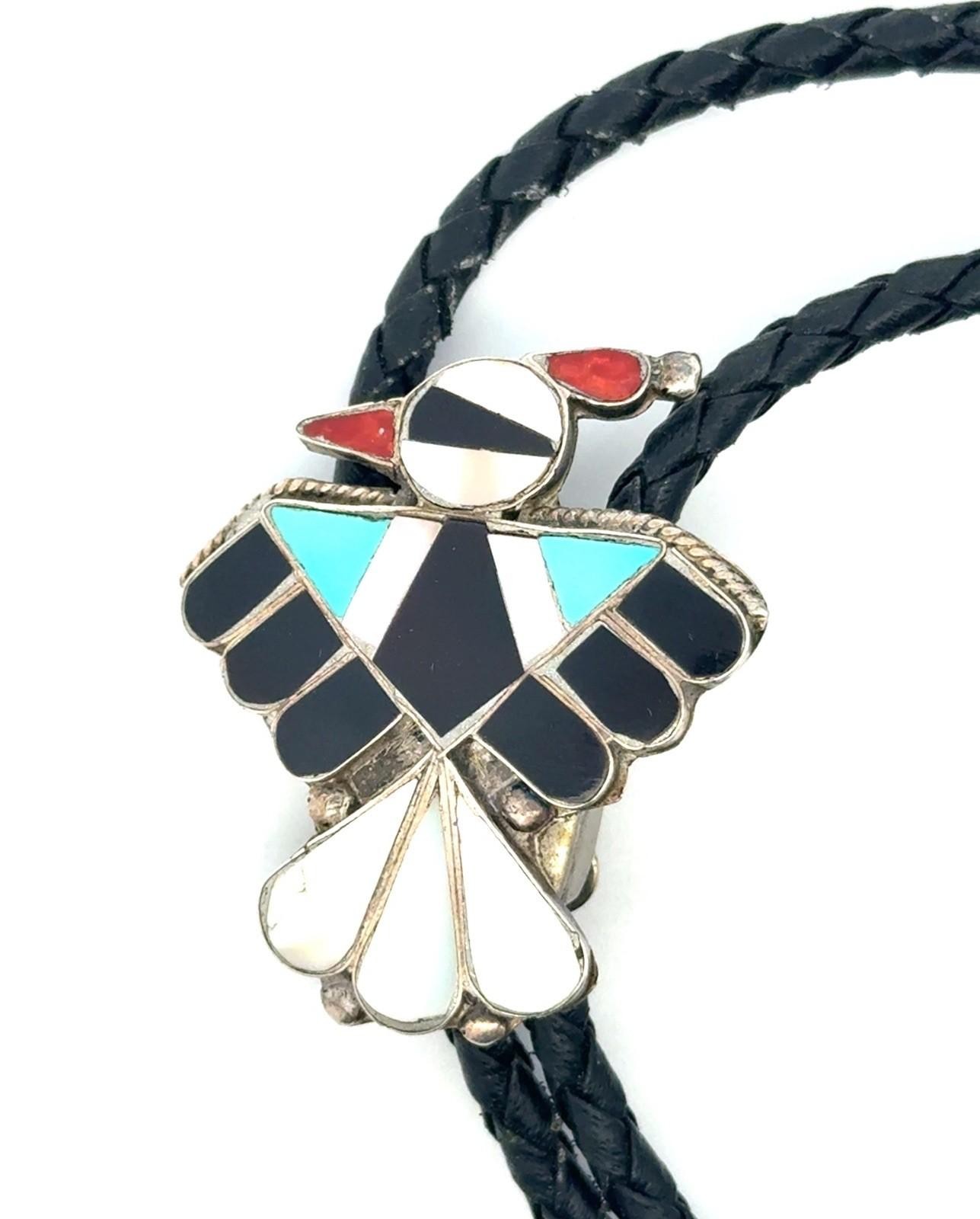 36” Vintage Zuni 925 Sterling Silver Inlay Mosaic Braided Leather Bolo Tie 15.4g - Image 2