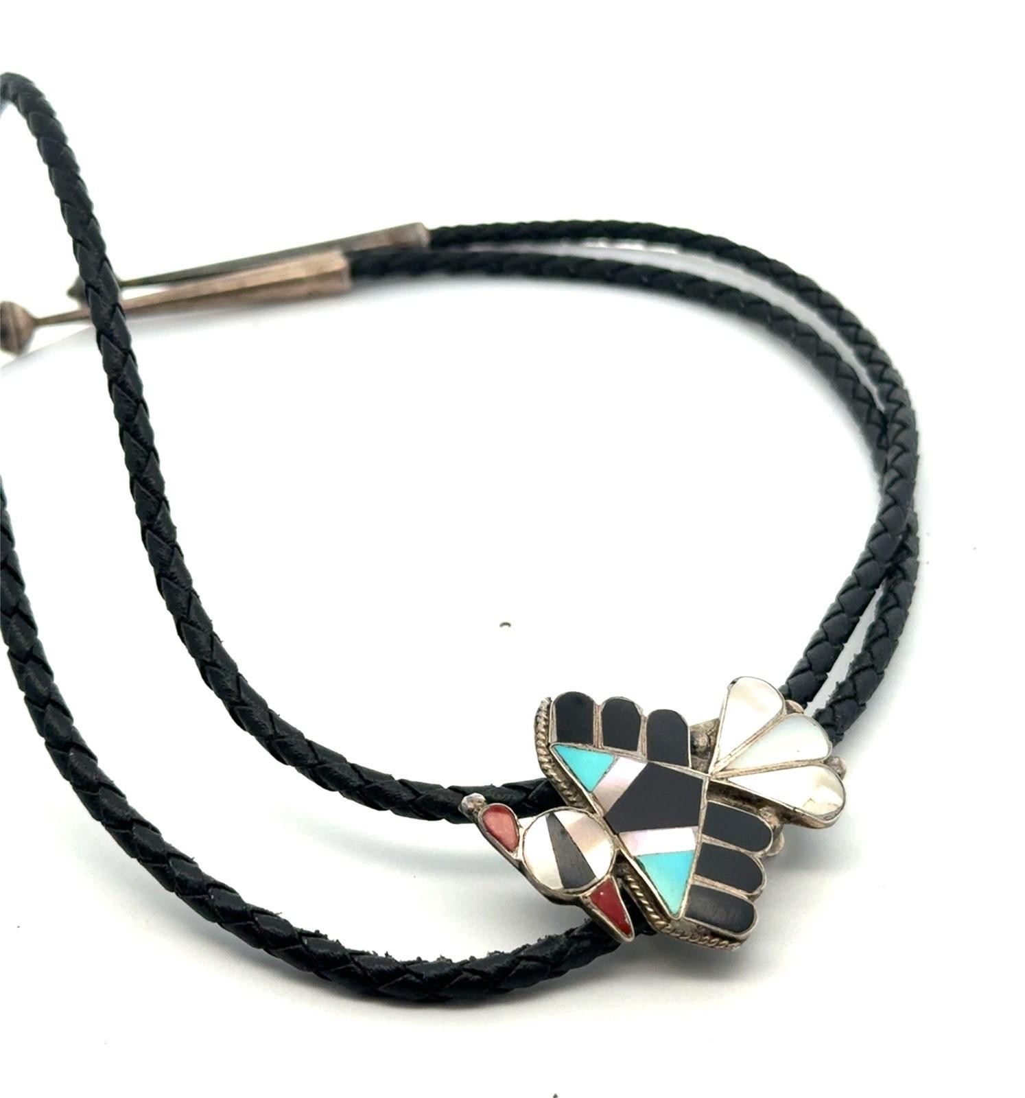36” Vintage Zuni 925 Sterling Silver Inlay Mosaic Braided Leather Bolo Tie 15.4g - Image 3
