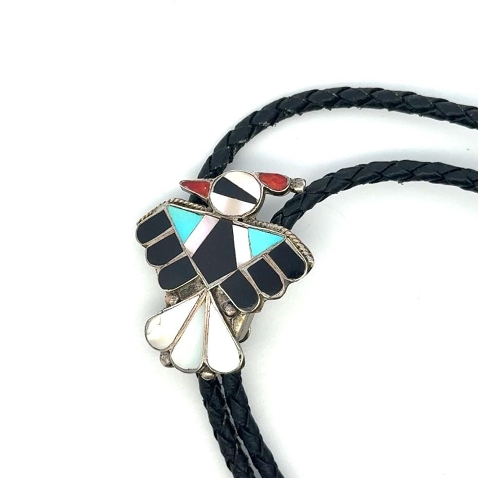 36” Vintage Zuni 925 Sterling Silver Inlay Mosaic Braided Leather Bolo Tie 15.4g - Image 4