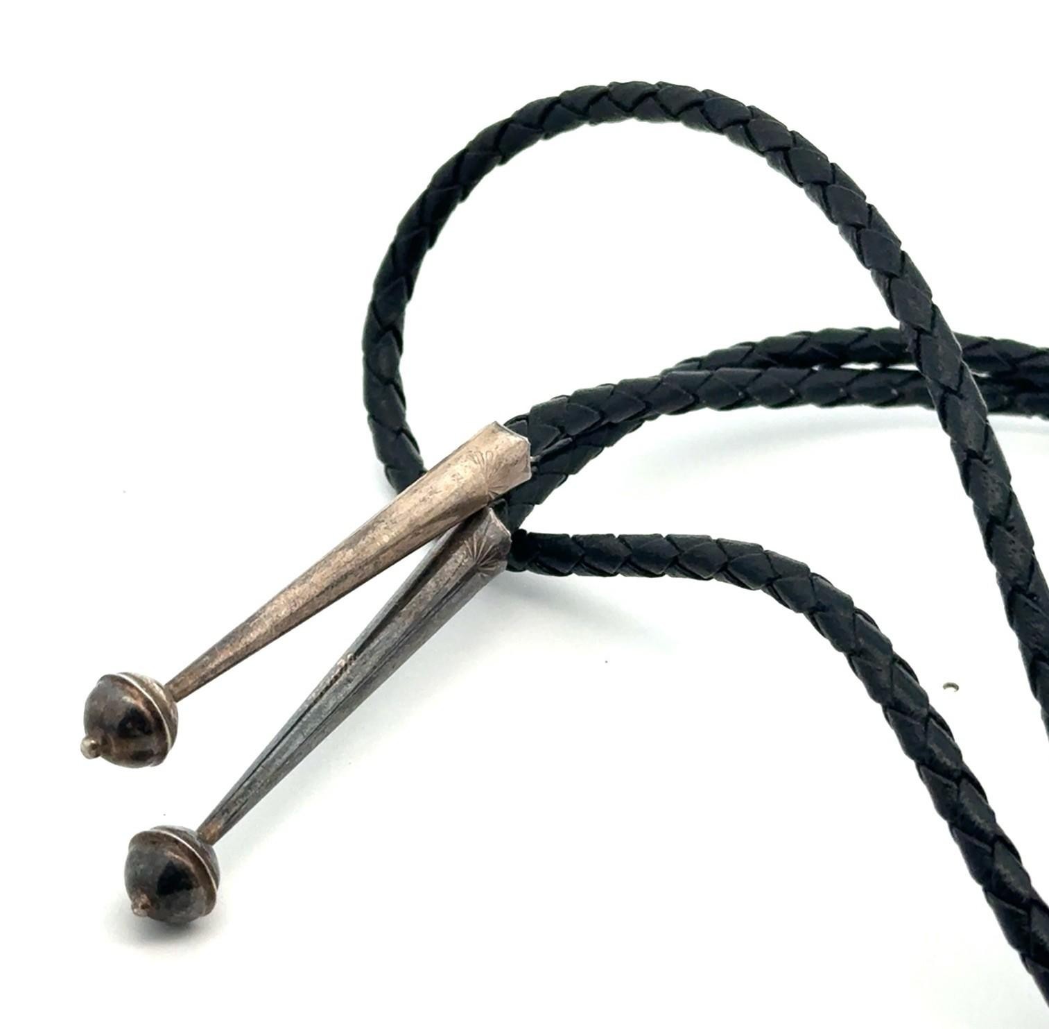 36” Vintage Zuni 925 Sterling Silver Inlay Mosaic Braided Leather Bolo Tie 15.4g - Image 5