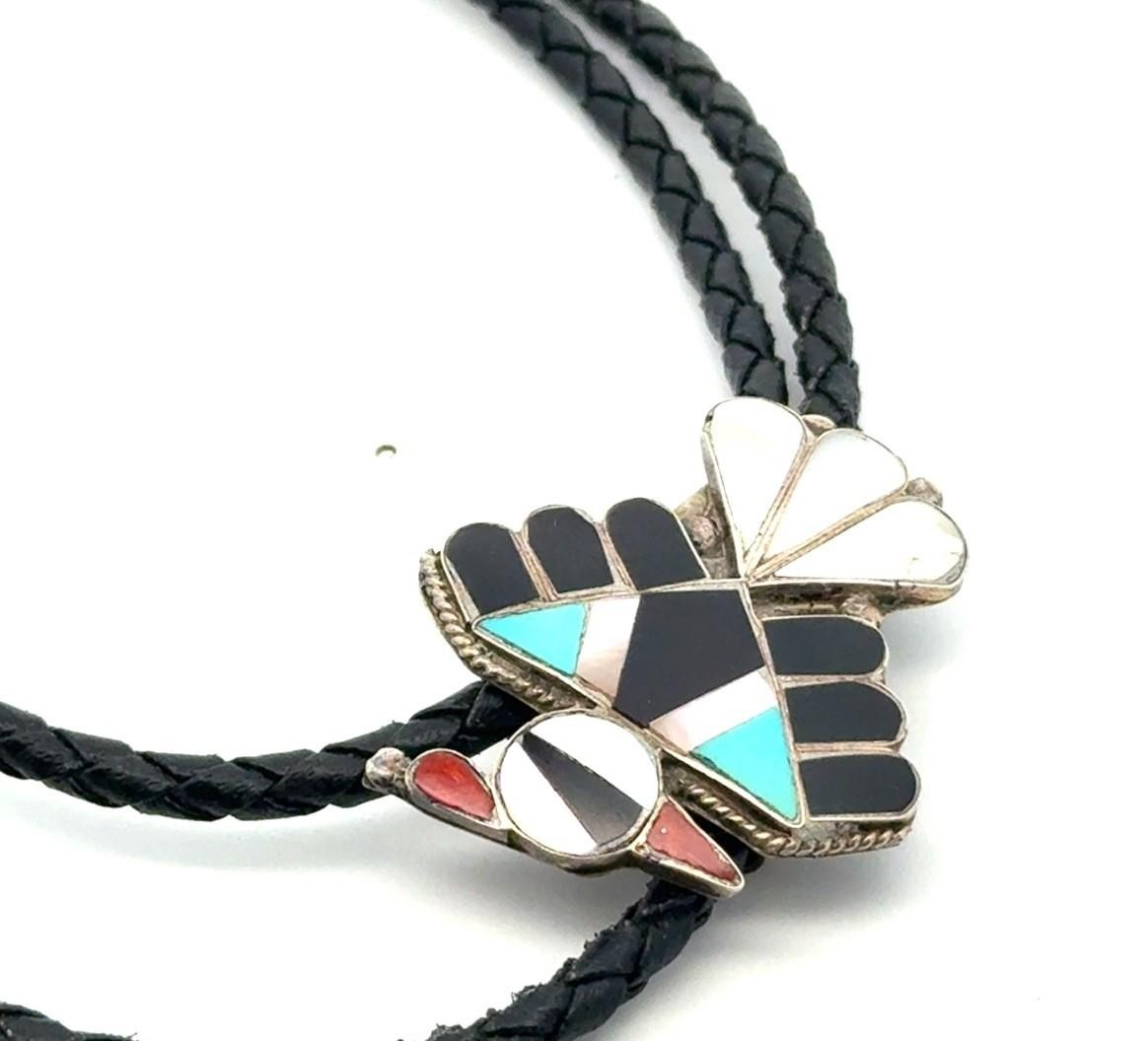36” Vintage Zuni 925 Sterling Silver Inlay Mosaic Braided Leather Bolo Tie 15.4g - Image 6