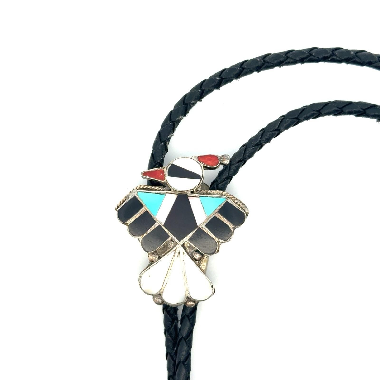 36” Vintage Zuni 925 Sterling Silver Inlay Mosaic Braided Leather Bolo Tie 15.4g - Image 8