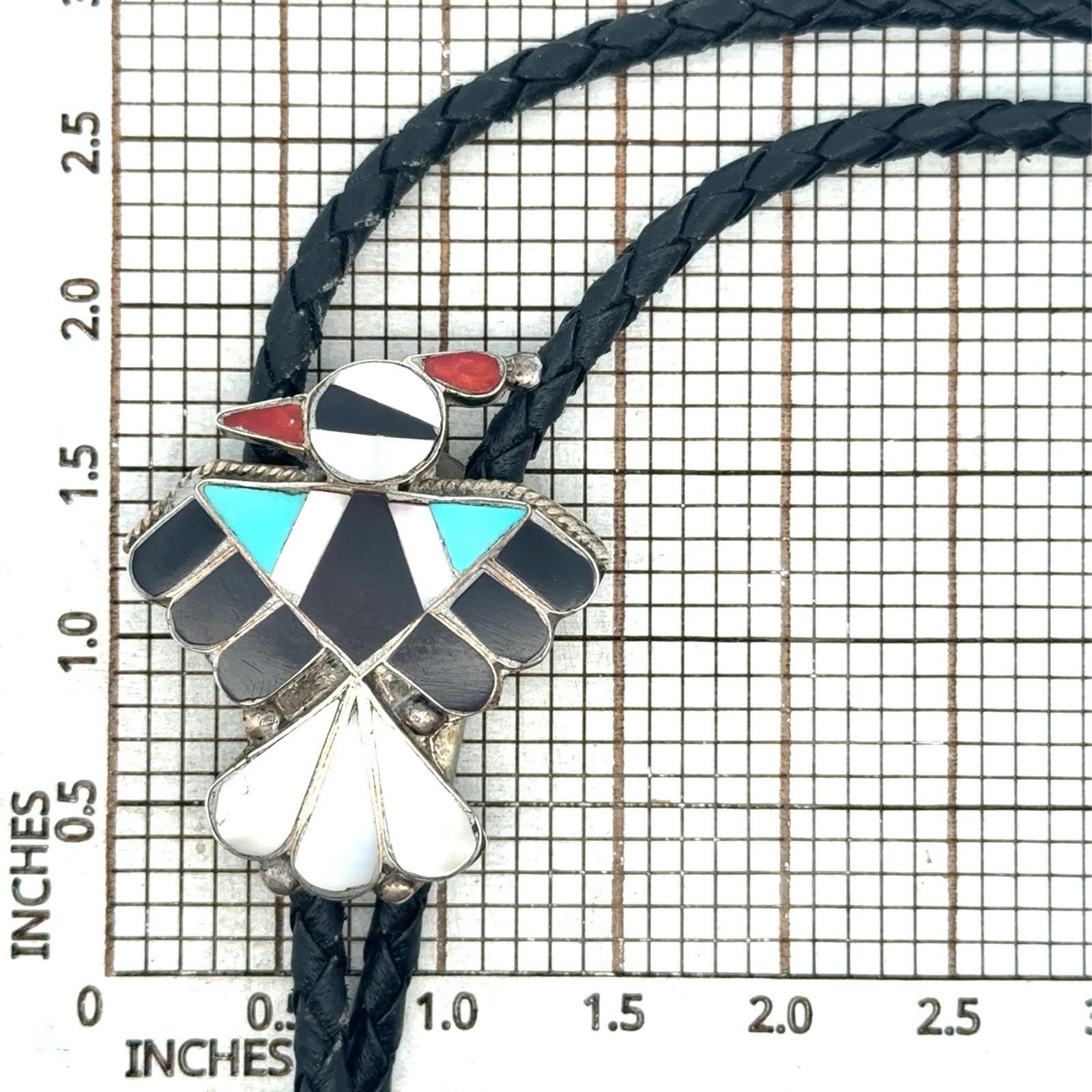 36” Vintage Zuni 925 Sterling Silver Inlay Mosaic Braided Leather Bolo Tie 15.4g - Image 9