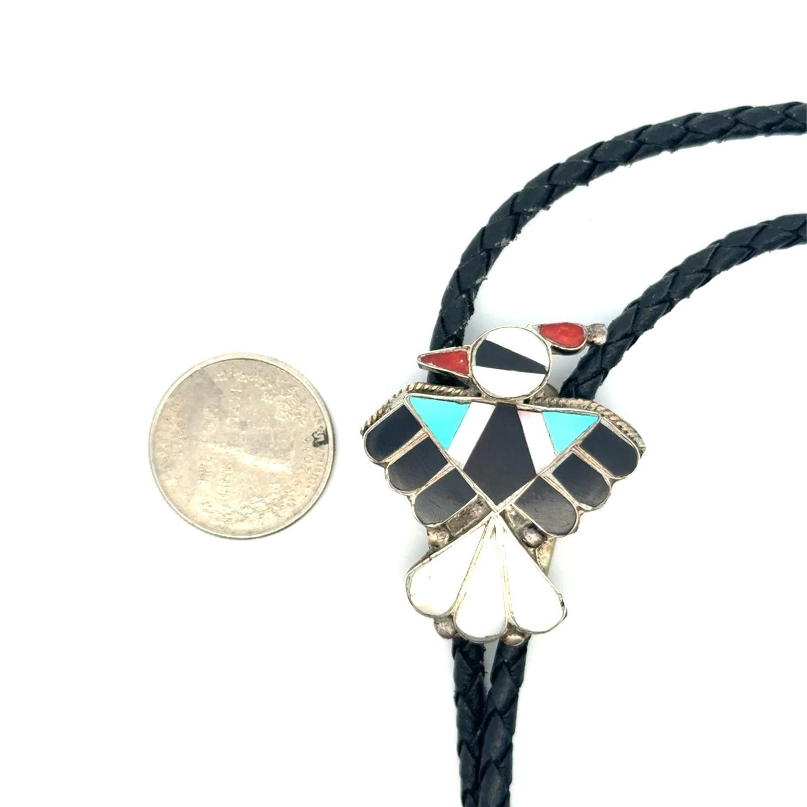 36” Vintage Zuni 925 Sterling Silver Inlay Mosaic Braided Leather Bolo Tie 15.4g - Image 10