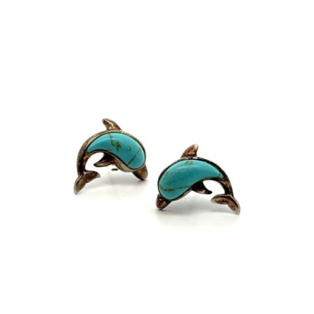 925 Sterling Silver Dolphin Stud Turquoise Earrings, Signed JC, 3.3g