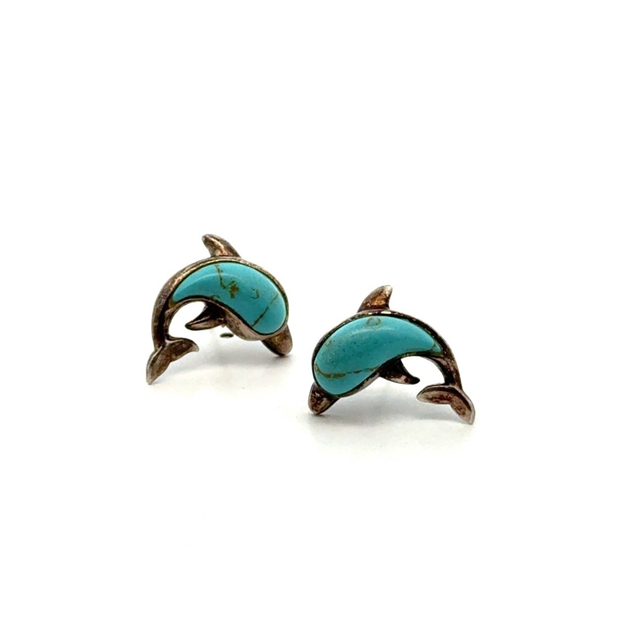 925 Sterling Silver Dolphin Stud Turquoise Earrings, Signed JC, 3.3g