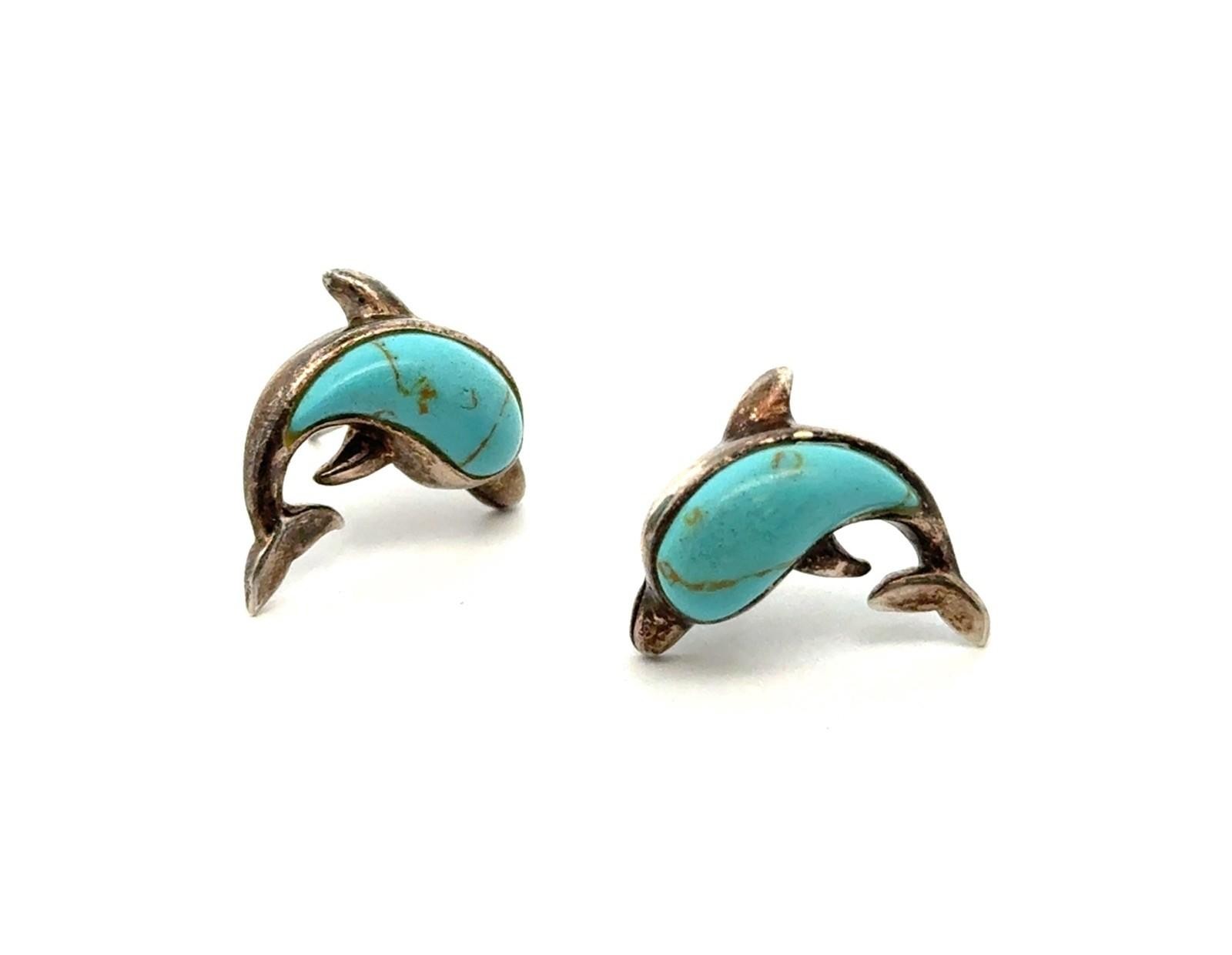 925 Sterling Silver Dolphin Stud Turquoise Earrings, Signed JC, 3.3g - Image 2
