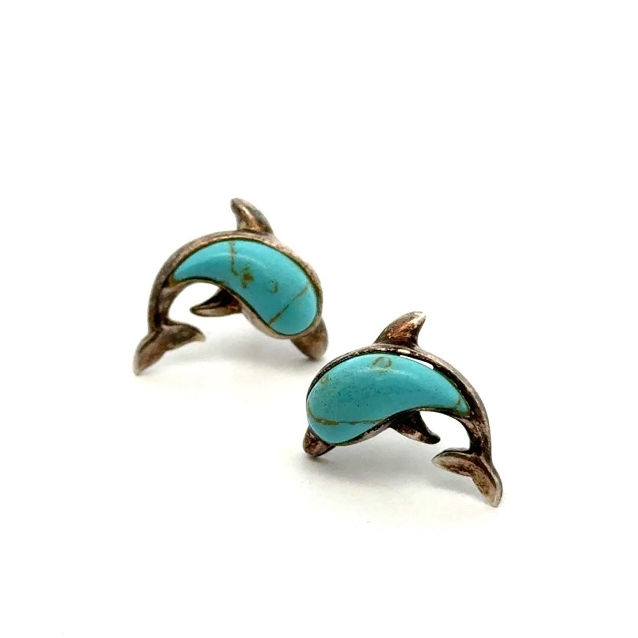 925 Sterling Silver Dolphin Stud Turquoise Earrings, Signed JC, 3.3g - Image 3