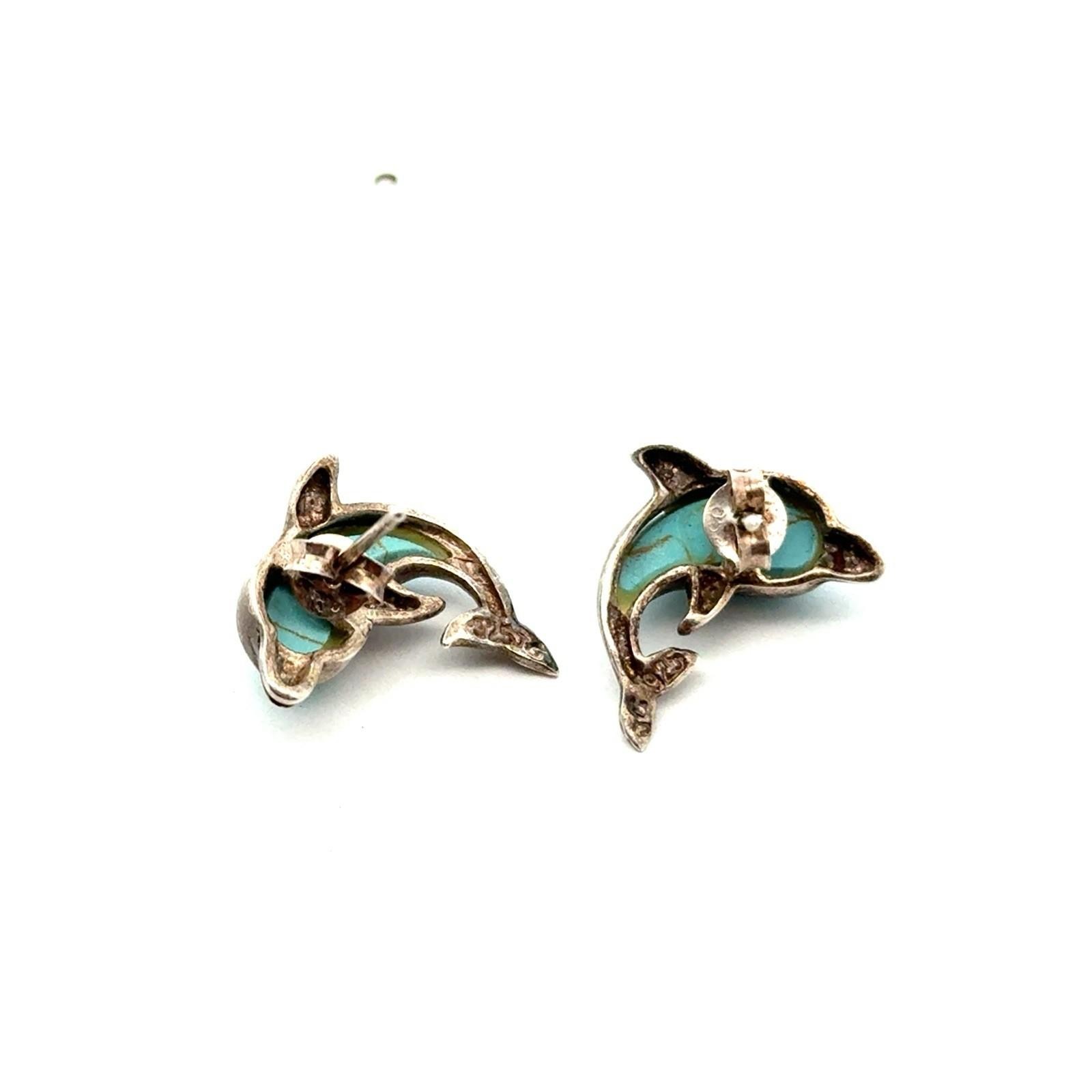 925 Sterling Silver Dolphin Stud Turquoise Earrings, Signed JC, 3.3g - Image 4