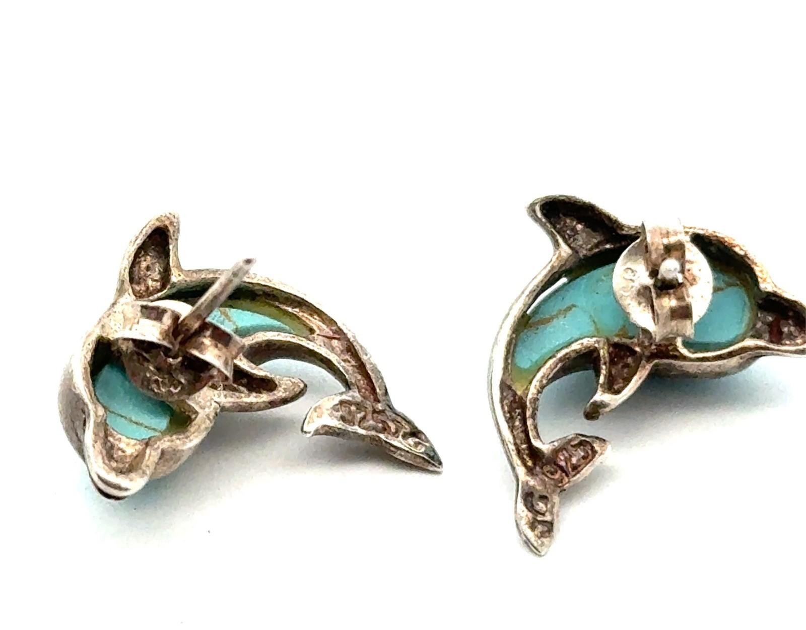 925 Sterling Silver Dolphin Stud Turquoise Earrings, Signed JC, 3.3g - Image 5