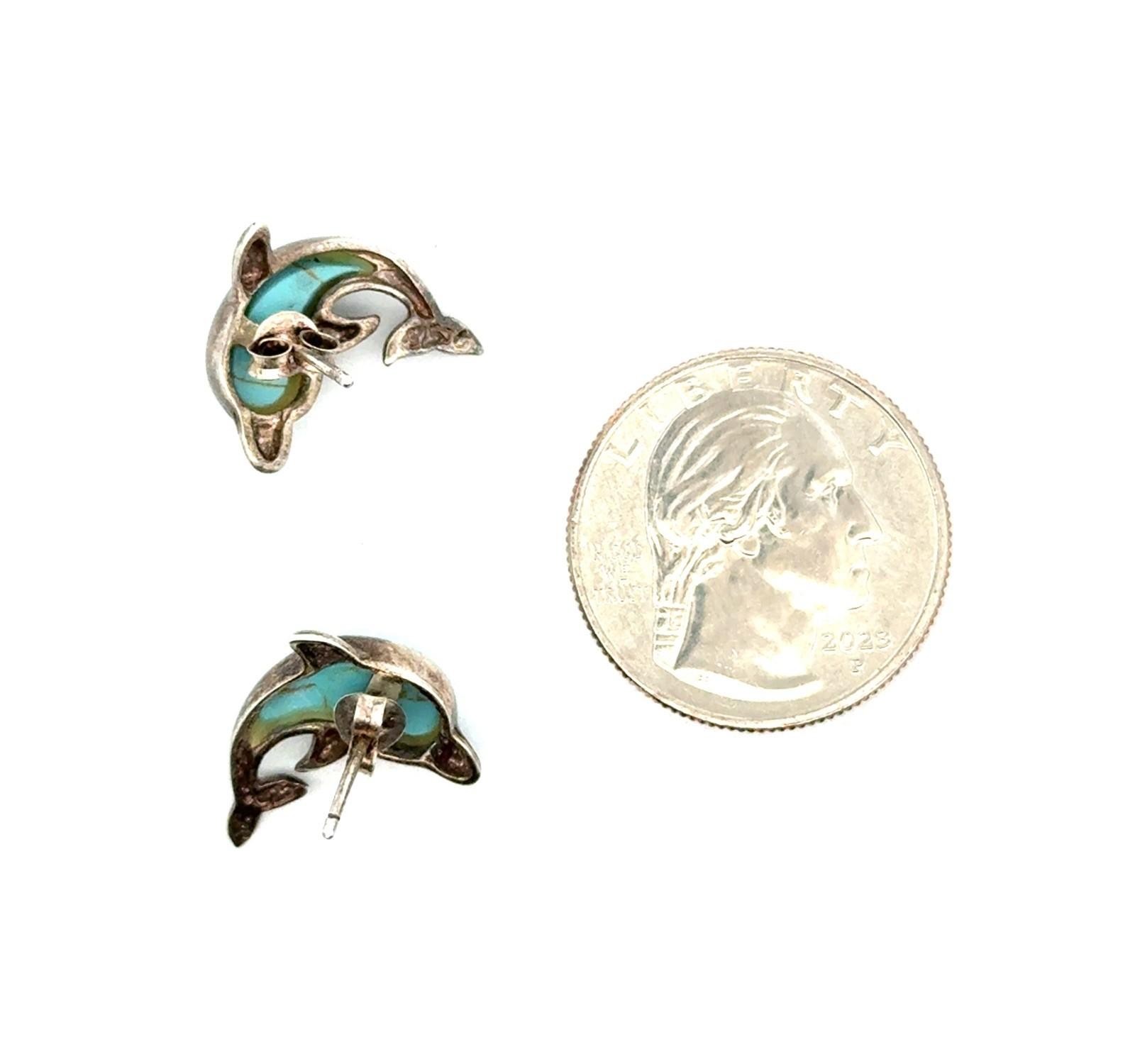 925 Sterling Silver Dolphin Stud Turquoise Earrings, Signed JC, 3.3g - Image 6