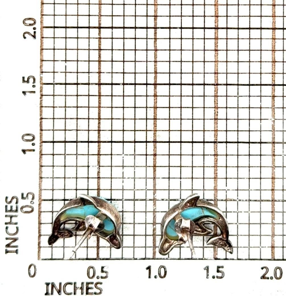 925 Sterling Silver Dolphin Stud Turquoise Earrings, Signed JC, 3.3g - Image 7