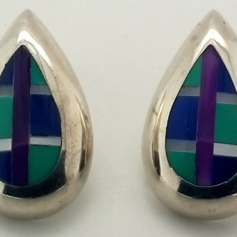 Sterling Silver Inlay Multi-Color Turquoise Teardrop Shape Earrings 7.4 Grams