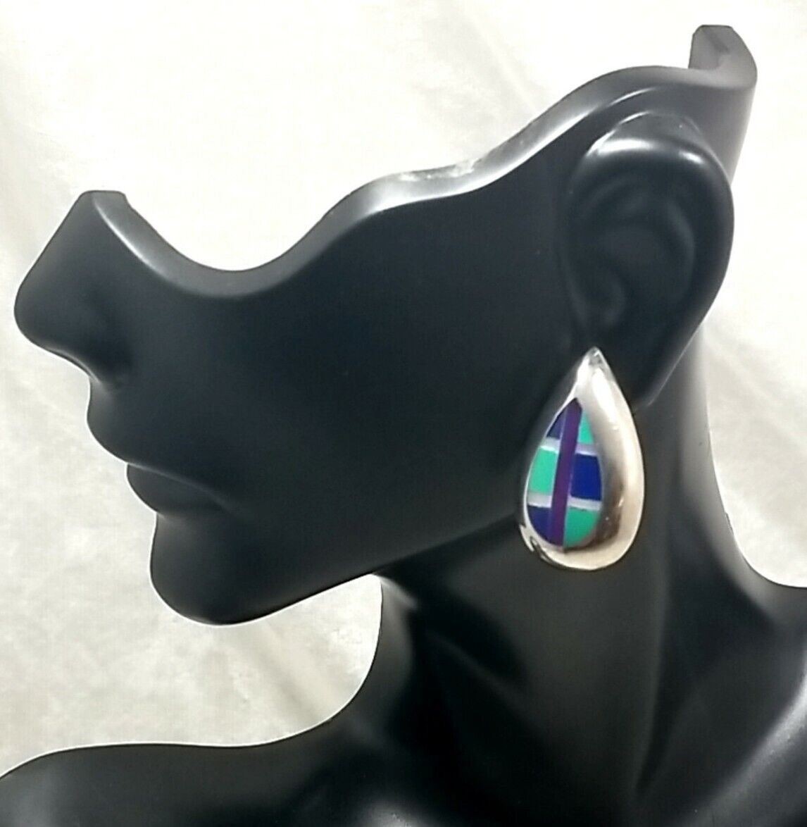 Sterling Silver Inlay Multi-Color Turquoise Teardrop Shape Earrings 7.4 Grams - Image 2