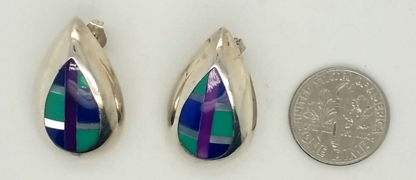 Sterling Silver Inlay Multi-Color Turquoise Teardrop Shape Earrings 7.4 Grams - Image 4