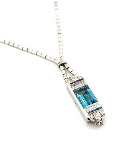 18” Vintage 14k White Gold Gruen Watch Conversion Pendant w/ Tourmaline 18.22g