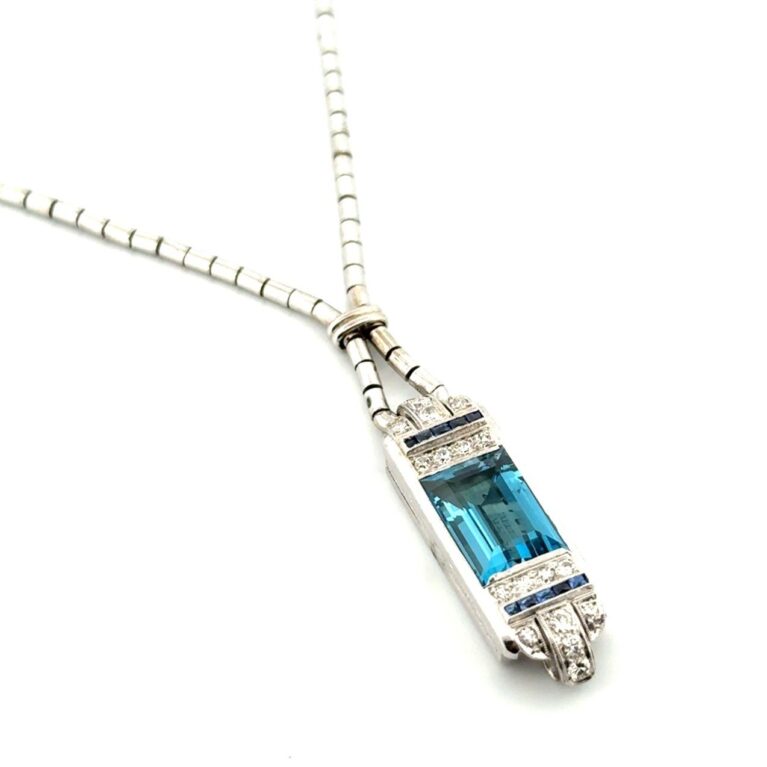 18” Vintage 14k White Gold Gruen Watch Conversion Pendant w/ Tourmaline 18.22g