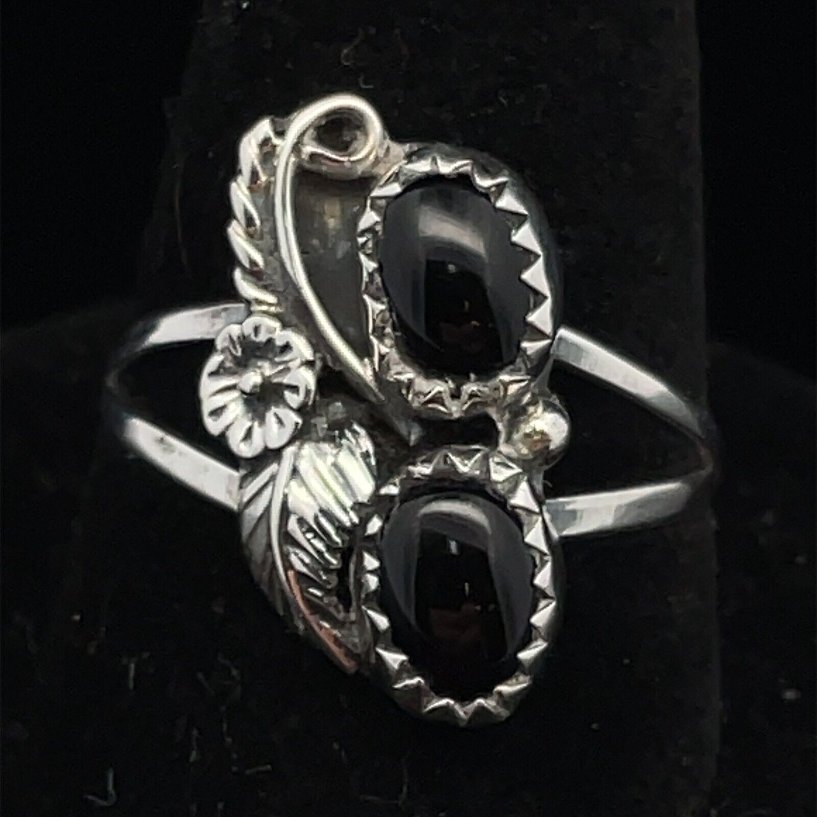 Navajo Sterling Silver and Black Onyx Floral Design Ring - Size 8 - Image 2