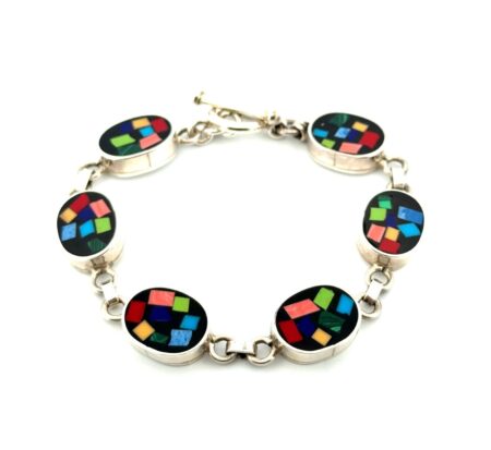 7” Taxco Mexico 925 Sterling Silver Multi-Color Enamel Link Toggle Bracelet 32g