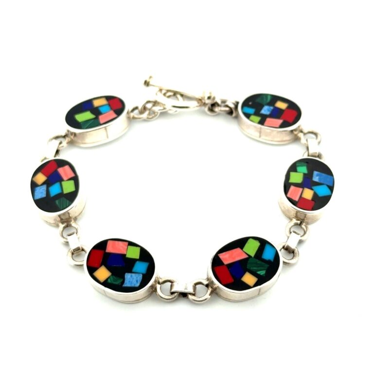 7” Taxco Mexico 925 Sterling Silver Multi-Color Enamel Link Toggle Bracelet 32g