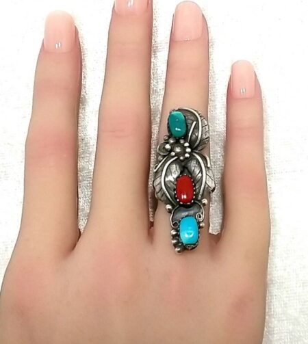 Southwest Native American Turquoise & Coral Sterling Silver Ring Size-5 1/4
