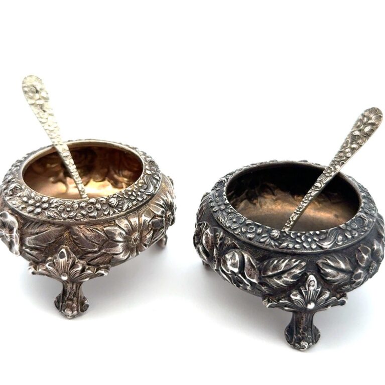 Stieff 925 Sterling Silver Rose Repousse Pair Open Salts w/Spoons, 138.6g
