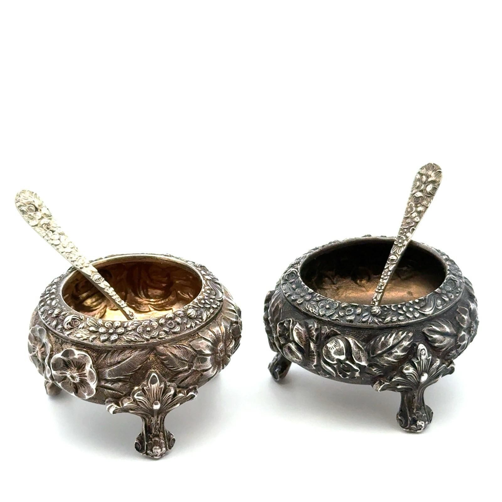 Stieff 925 Sterling Silver Rose Repousse Pair Open Salts w/Spoons, 138.6g - Image 2