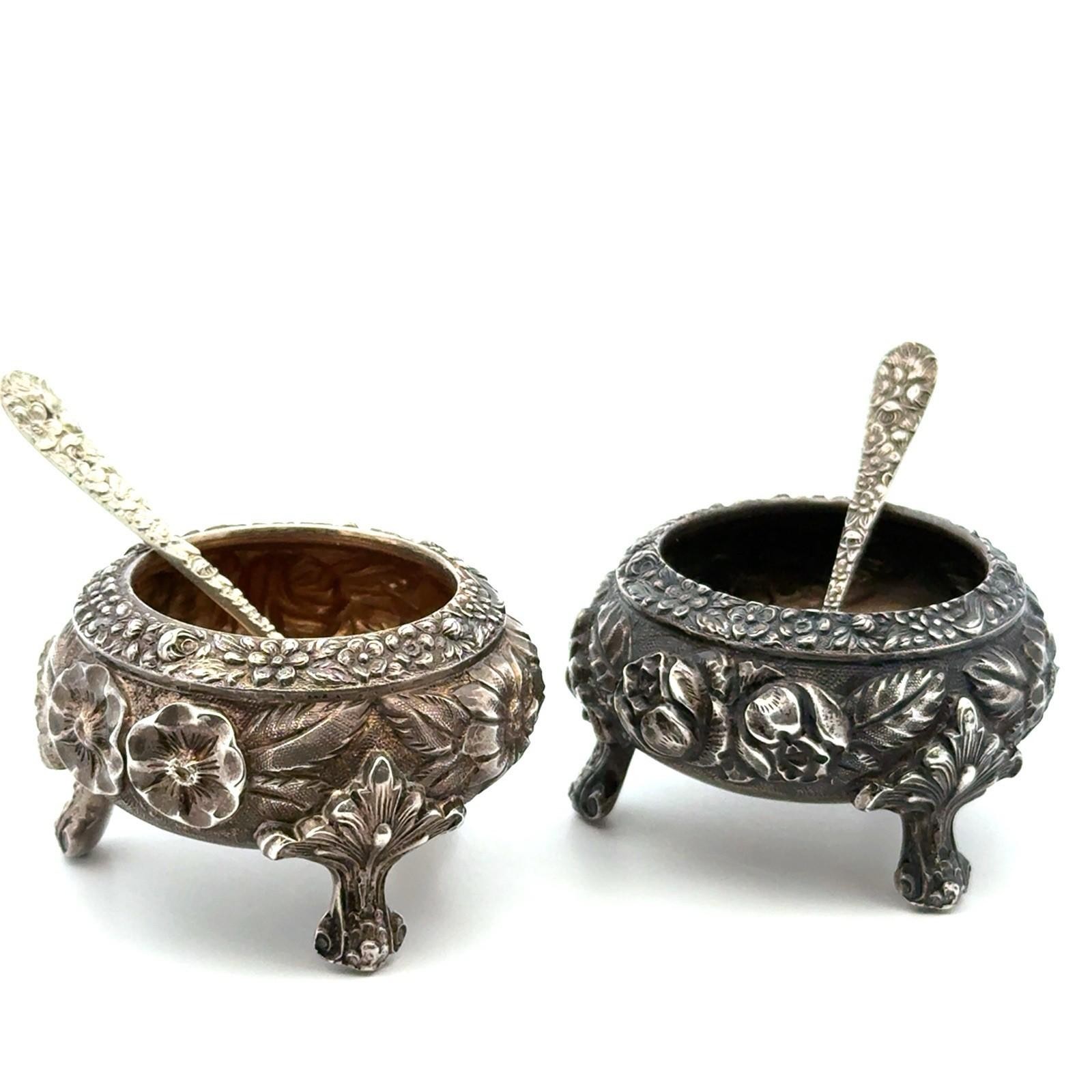 Stieff 925 Sterling Silver Rose Repousse Pair Open Salts w/Spoons, 138.6g - Image 3