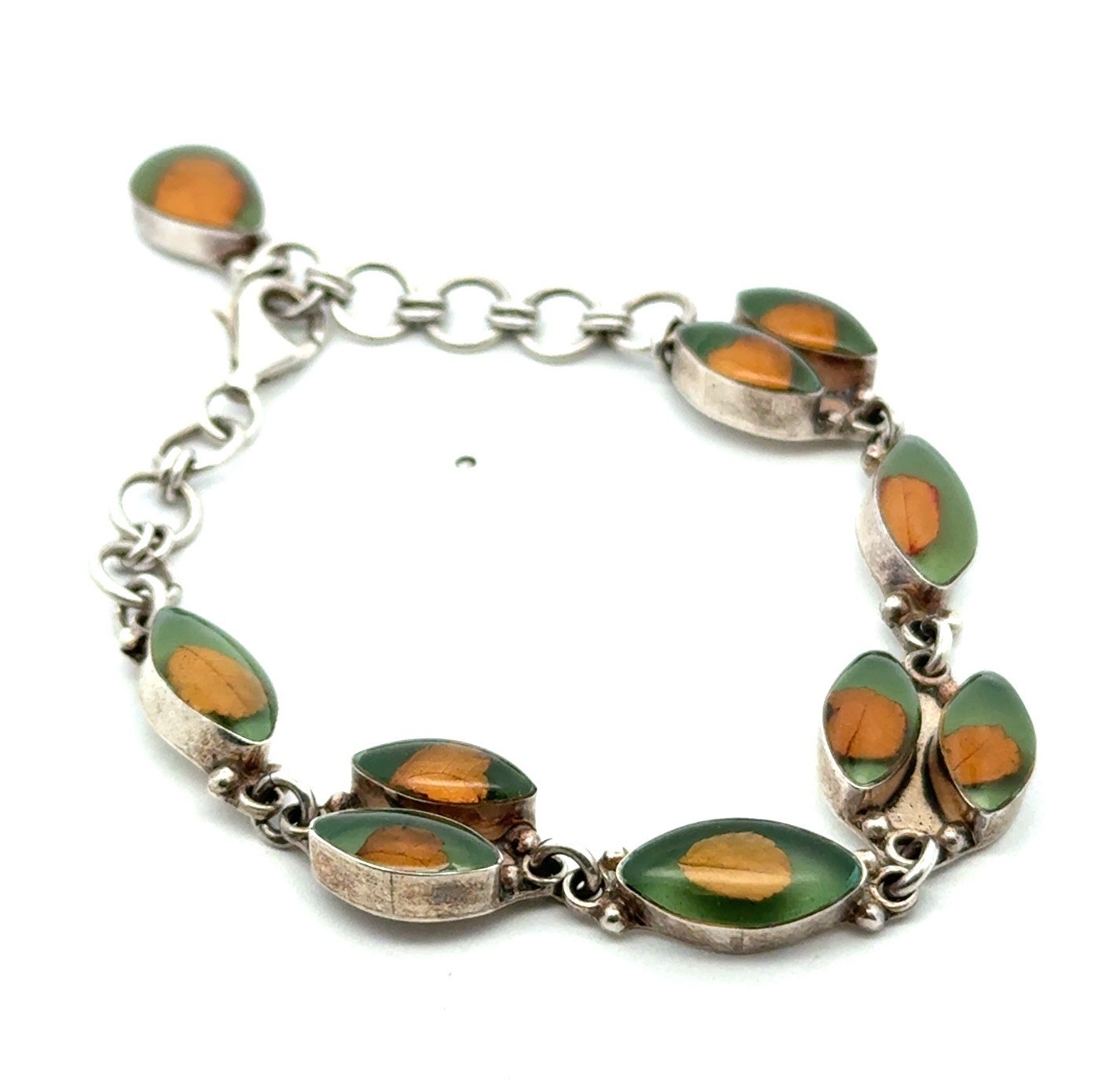 7.5” .925 Sterling Silver Botanical Leaf Resin Filled Cabochon Bracelet, 16.8g