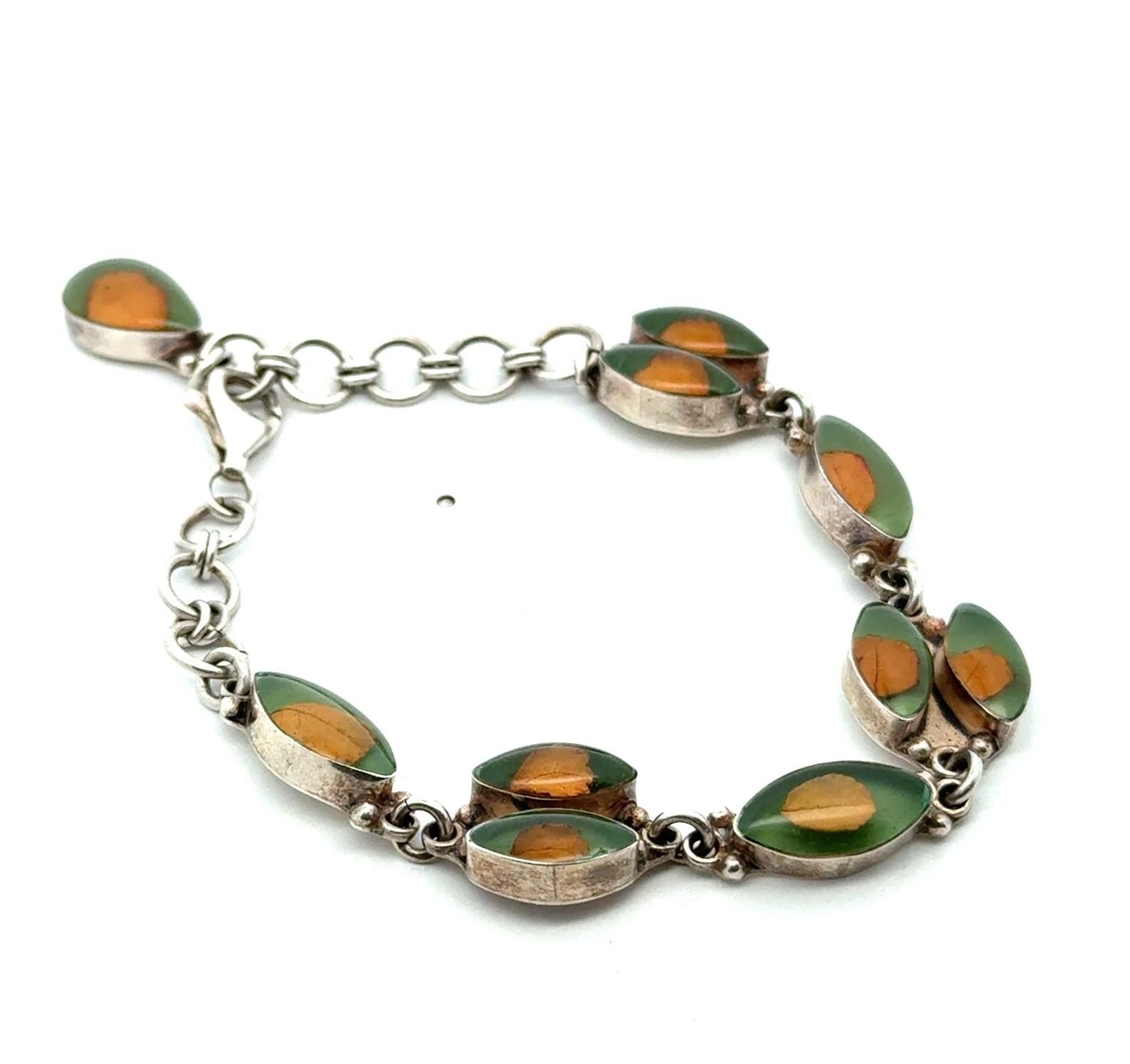 7.5” .925 Sterling Silver Botanical Leaf Resin Filled Cabochon Bracelet, 16.8g - Image 2