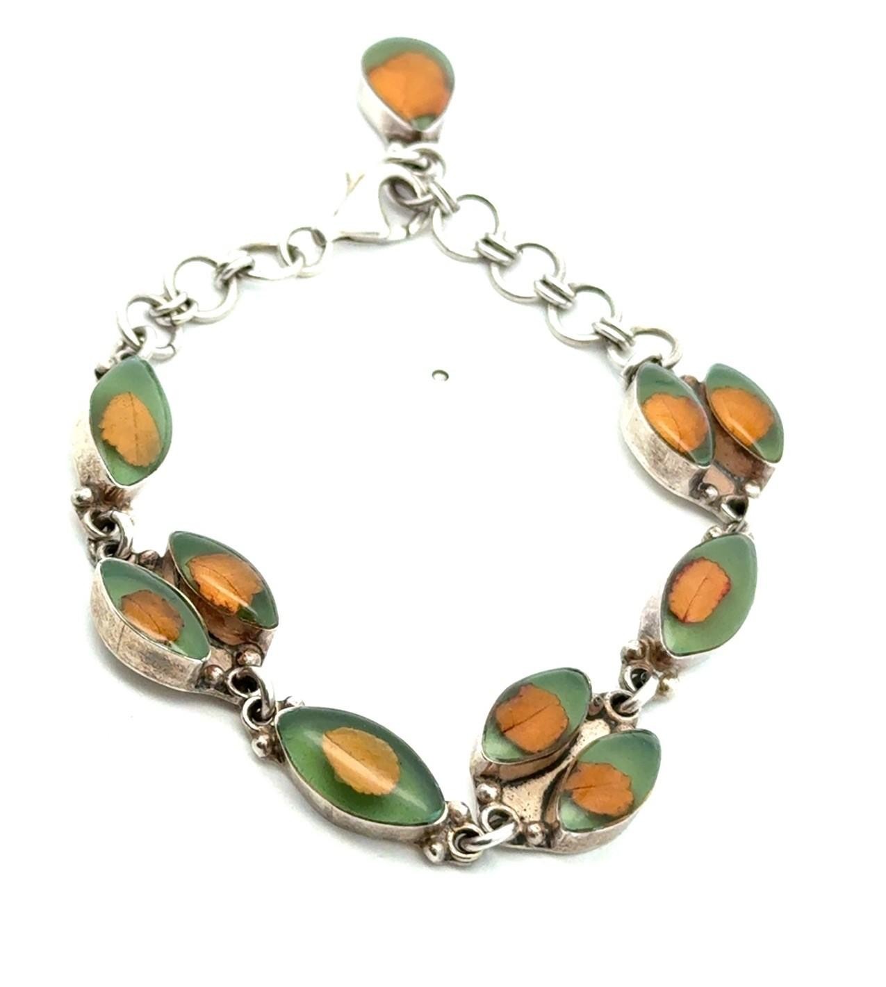 7.5” .925 Sterling Silver Botanical Leaf Resin Filled Cabochon Bracelet, 16.8g - Image 3