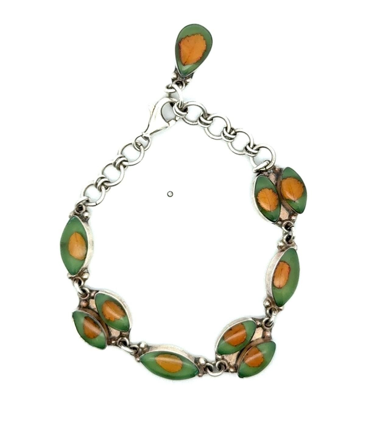 7.5” .925 Sterling Silver Botanical Leaf Resin Filled Cabochon Bracelet, 16.8g - Image 4