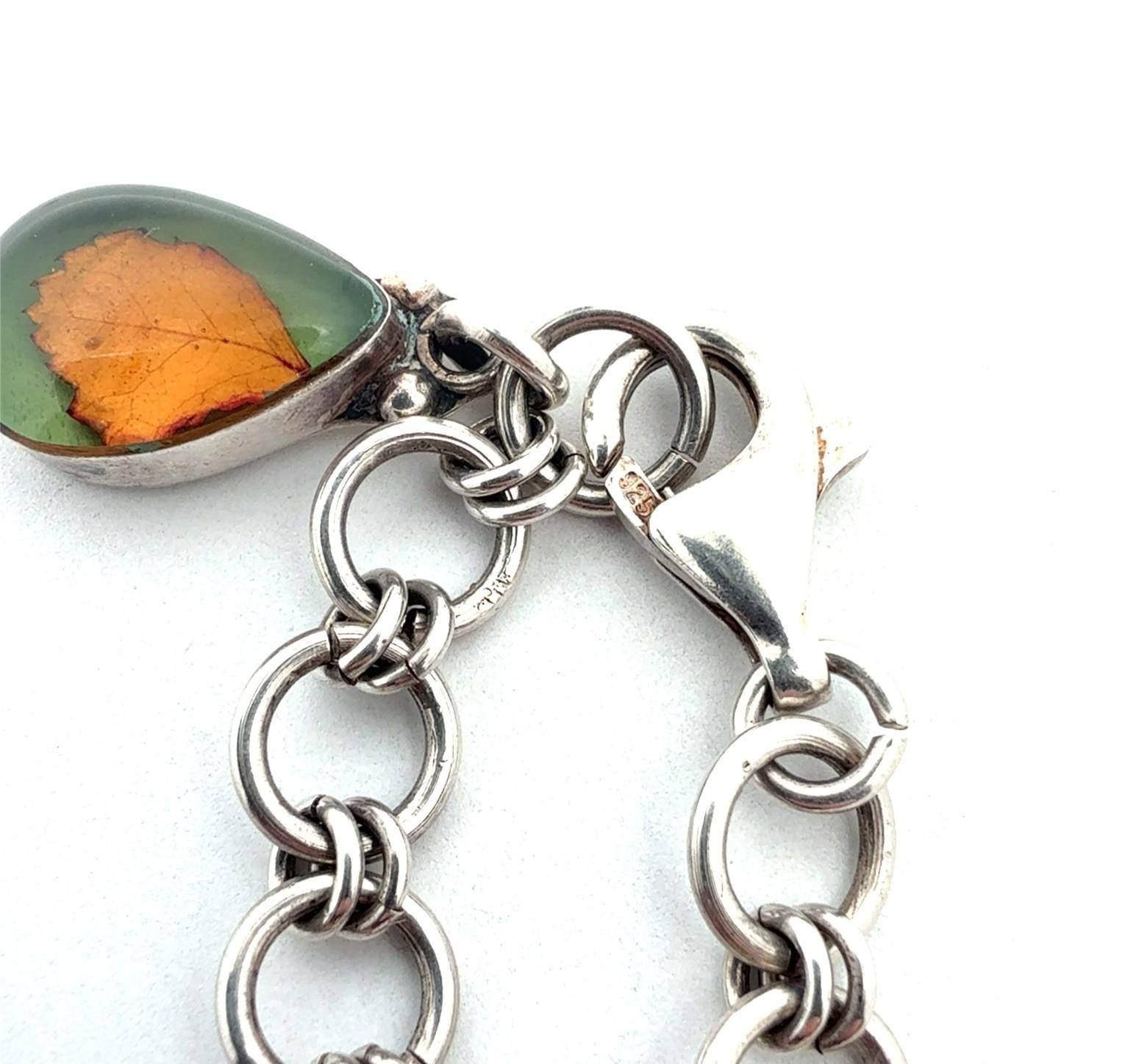 7.5” .925 Sterling Silver Botanical Leaf Resin Filled Cabochon Bracelet, 16.8g - Image 7