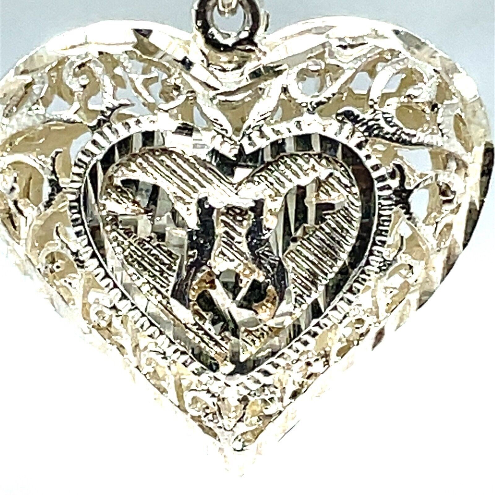 Vintage 925 Sterling Silver Puffy Filigree Heart Pendant