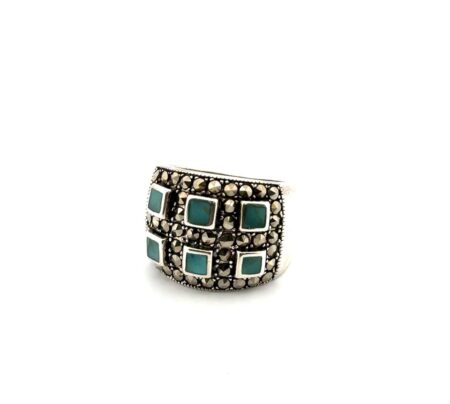 Size: 7 Thailand 925 Sterling Silver Turquoise & Marcasite Ring 8.6g