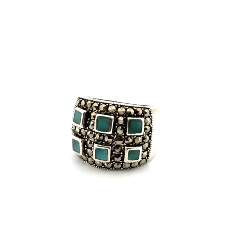 Size: 7 Thailand 925 Sterling Silver Turquoise & Marcasite Ring 8.6g