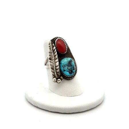 Native American .925 Sterling Silver Turquoise & Coral Ring, Size-6, 8.8g