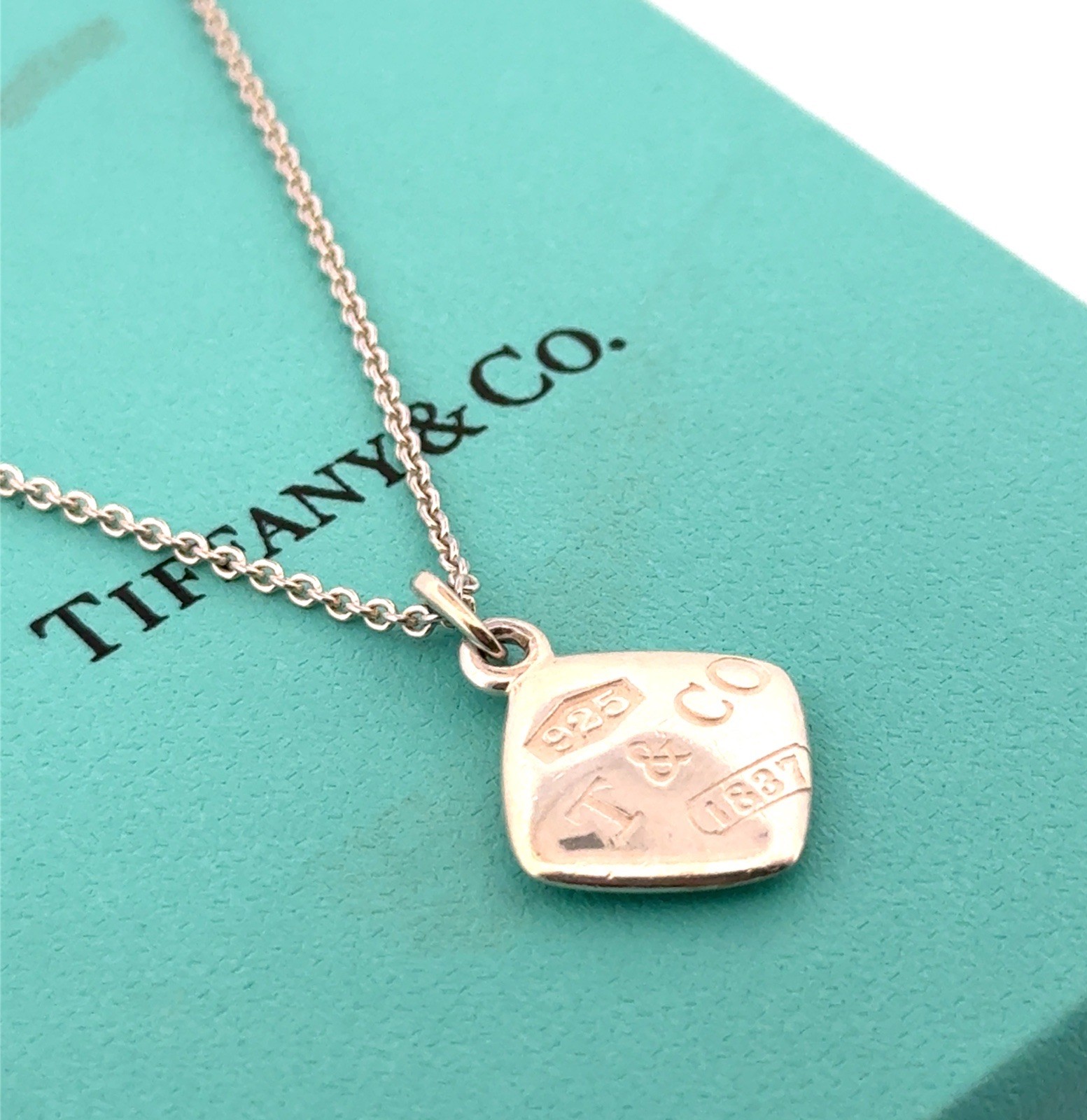 16” Tiffany & Co. 925 Sterling Silver Cushion Square Montage Pendant Necklace - Image 2