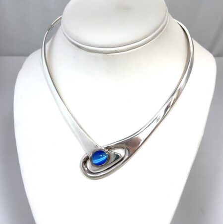 15.5” ATI Mexico 925 Sterling Silver Blue Cat’s Eye Choker Necklace 49.9g