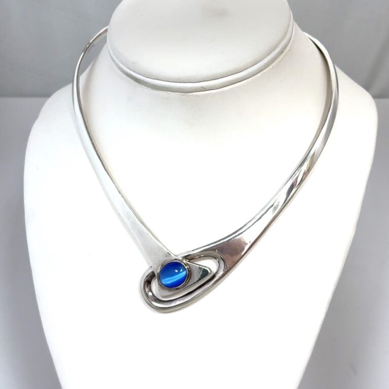 15.5” ATI Mexico 925 Sterling Silver Blue Cat’s Eye Choker Necklace 49.9g