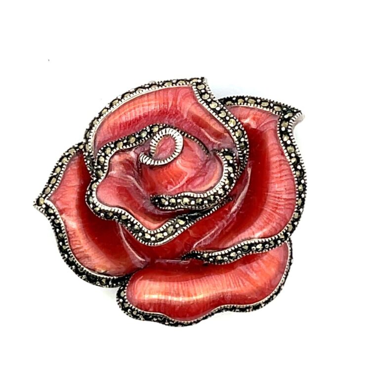 Judith Jack Sterling Silver Marcasite & Enameled Rose Brooch / Pendant 16.9 Gram