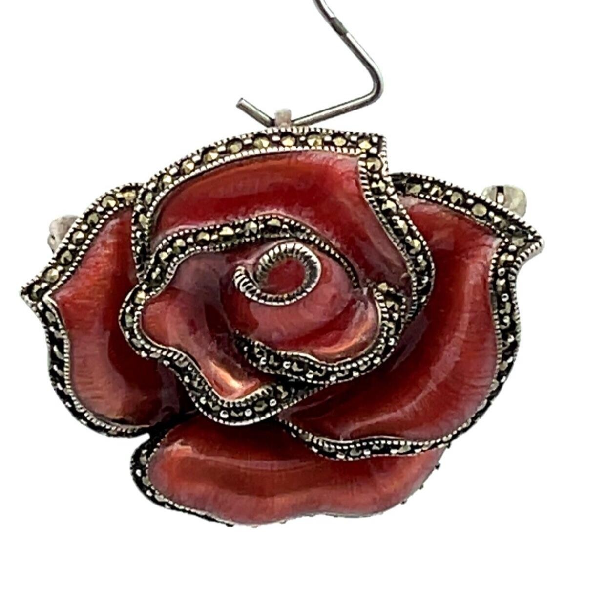 Judith Jack Sterling Silver Marcasite & Enameled Rose Brooch / Pendant 16.9 Gram - Image 2