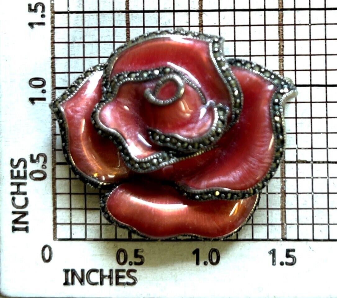 Judith Jack Sterling Silver Marcasite & Enameled Rose Brooch / Pendant 16.9 Gram - Image 5